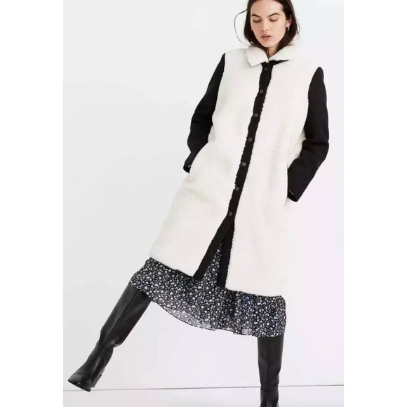 Madewell Sherpa McClancy Coat Ivory Snap up Gray Wool Sleeves Midi Oversized  XS - Picture 1 of 16